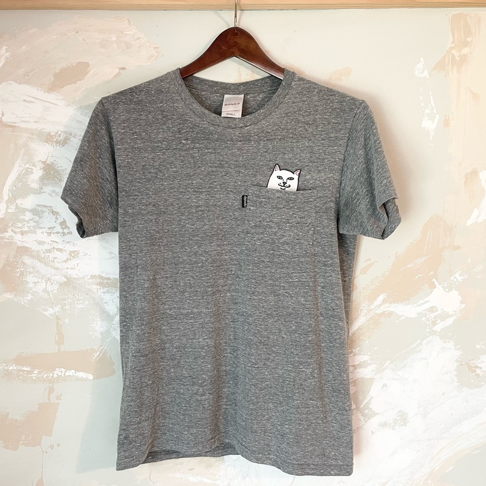 RIPNDIP middle finger cat gray t-shirt with pocket size small